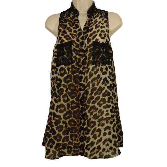 Wishful Park Leopard Print Sheer Sleeveless Blouse Women Size L Lace Detail - Picture 1 of 12